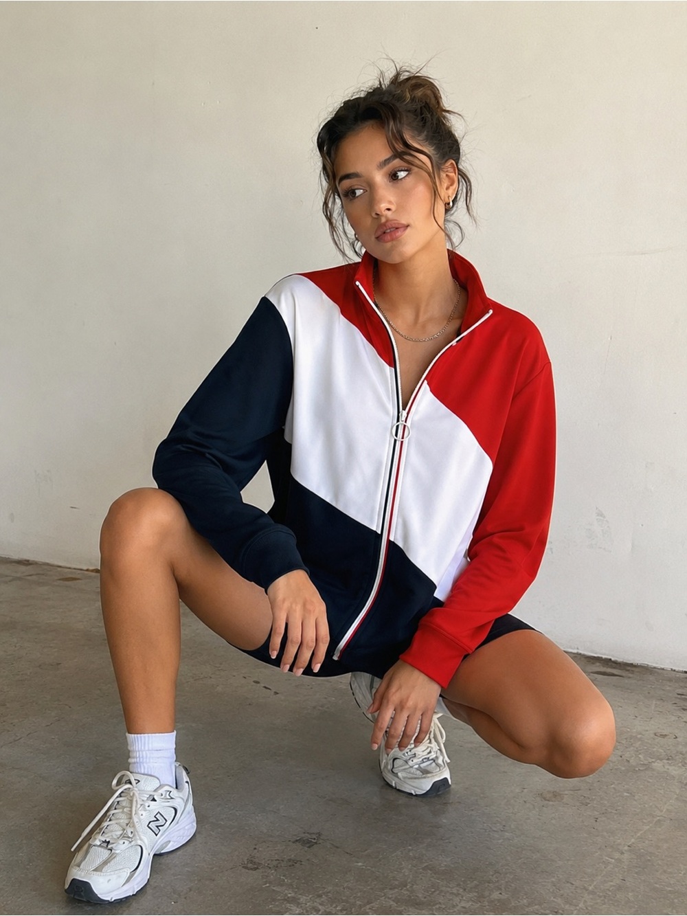 Retro Colorblock Track Jacket Red White Navy Zip Up Pullover Y2K Sporty Medium